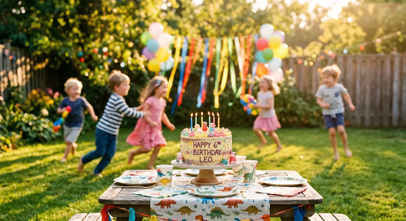 Children playing at a backyard birthday party with a candlelit cake on the table