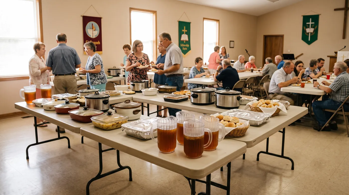 Congregation sharing a potluck supper in a church fellowship hall