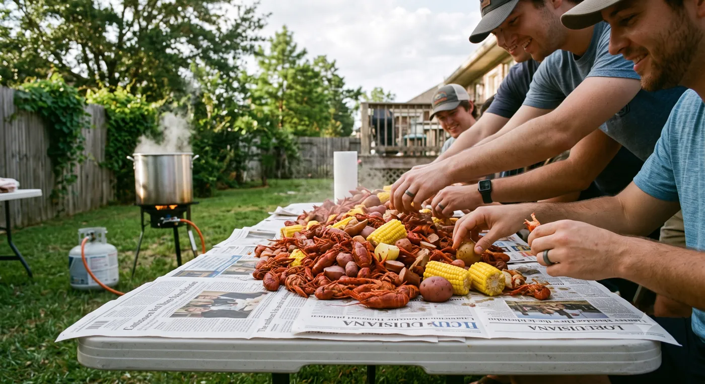Friends gathered around a backyard table piled with a Louisiana crawfish boil