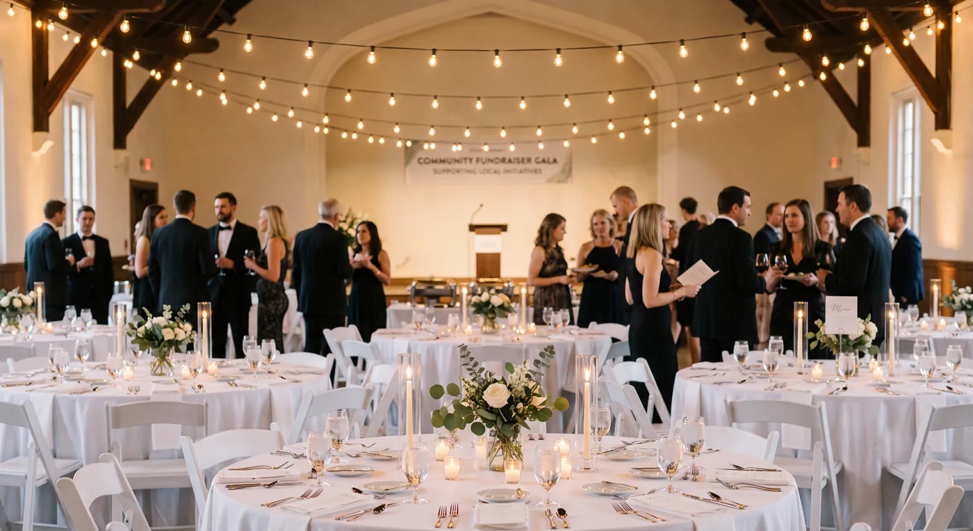 Guests in formalwear at a candlelit fundraiser gala dinner