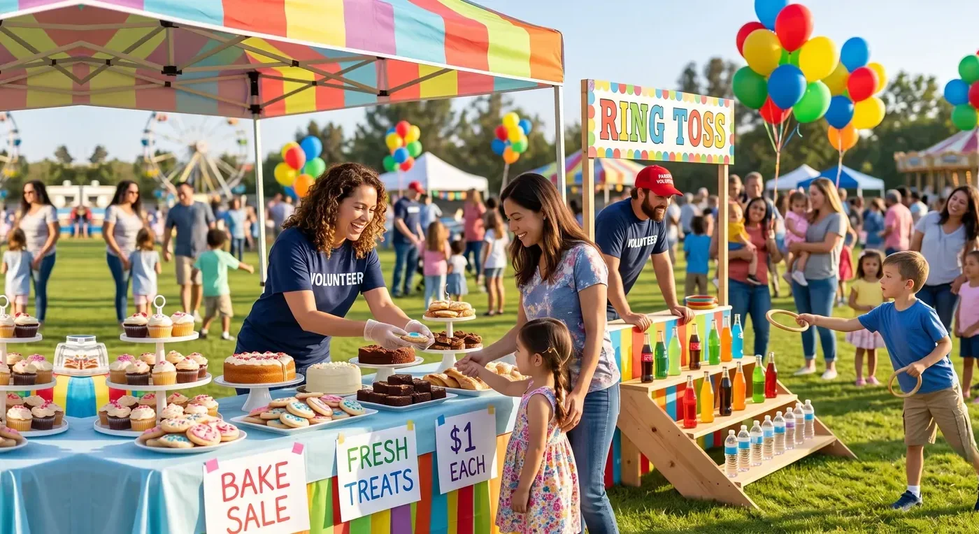 Parent volunteers running a ring toss and bake sale at a school carnival