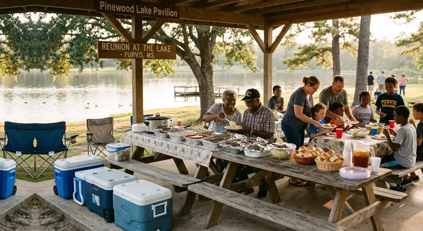 Family gathered for a reunion meal at a lakeside pavilion