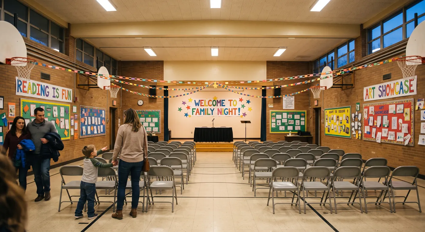 Families arriving at a school gym decorated for family night