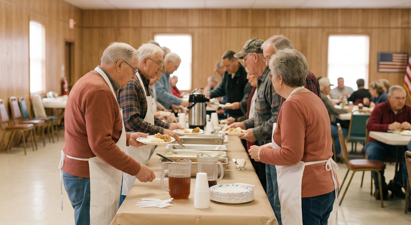 Volunteers in aprons serving plates of food to a line of people at a community dinner in a hall