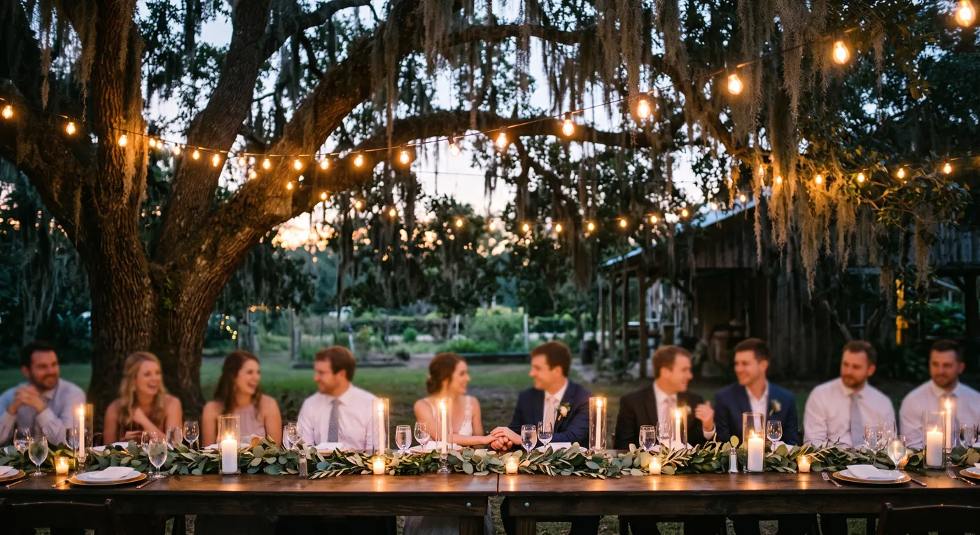 Wedding party at a candlelit reception table under oak trees and string lights